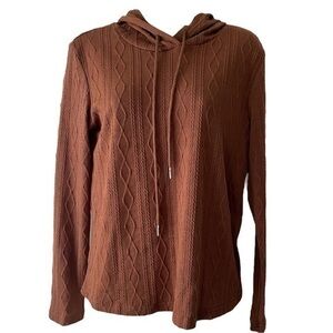 SHEIN Women's Cable Textured Raglan Sleeve Drawstring Hoodie Brown Small